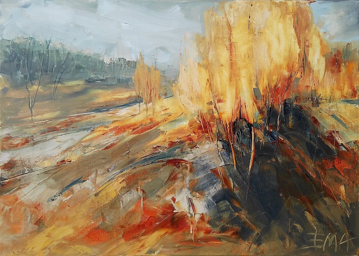 Expressive Landscape Oil Painting By Emilia Milcheva, 28 X 20, Poplars Dancing, Original Artwork