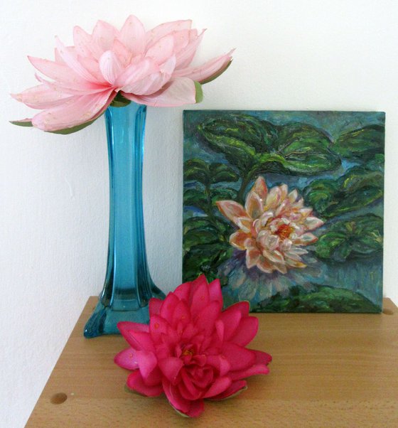 White Lotus Monet Style Original Oil on Canvas Artwork Waterlily Impressionism Minature Modern Floral Home Decor Fine Art/ Small Oil Painting 8x8in (20x20cm) Christmas Gift for Mother