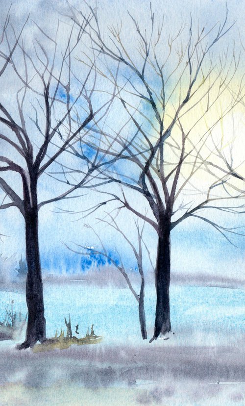 Winter landscape, original watercolour painting by Anjana Cawdell