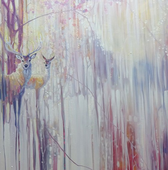 LARGE ORIGINAL Oil Painting - Woodland Born - winter abstract with deer