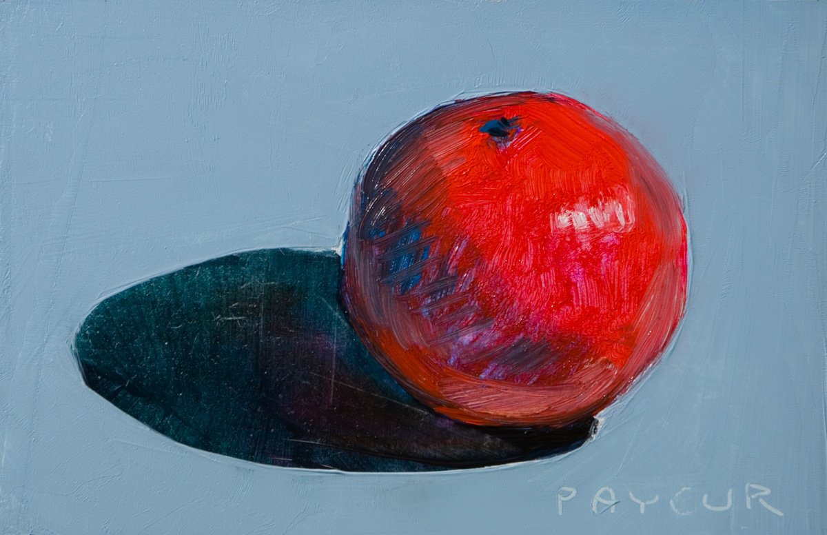 Impressionistic Still Life Oil Painting By Olivier Payeur, 6 X 4", Red Tangerine On Blue, Original Artwork