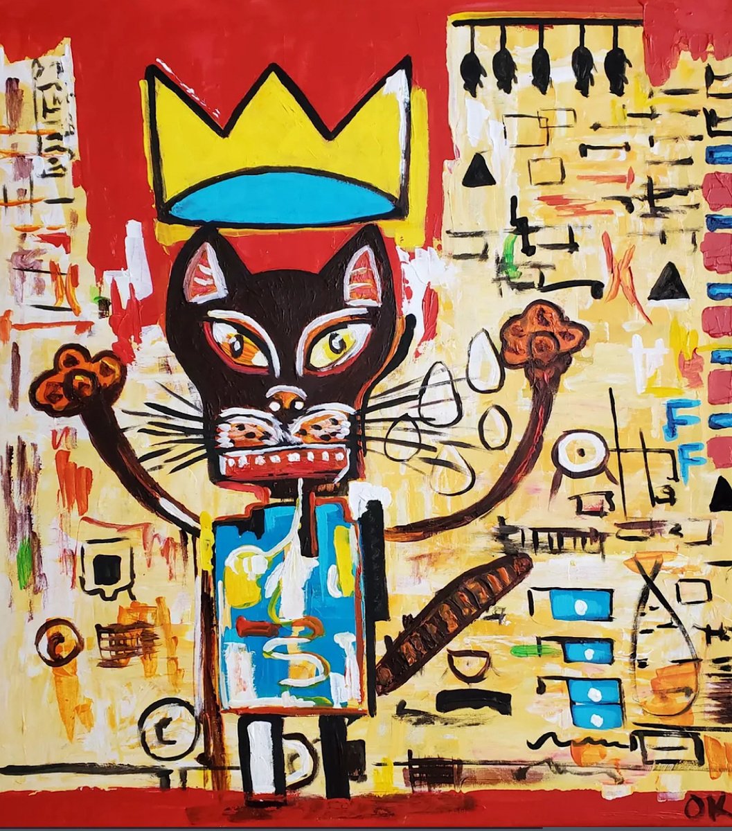 Expressive Animal Acrylic Painting By Olga Koval, 28 X 30", Cat Jean-Michel Basquiat, Original Artwork