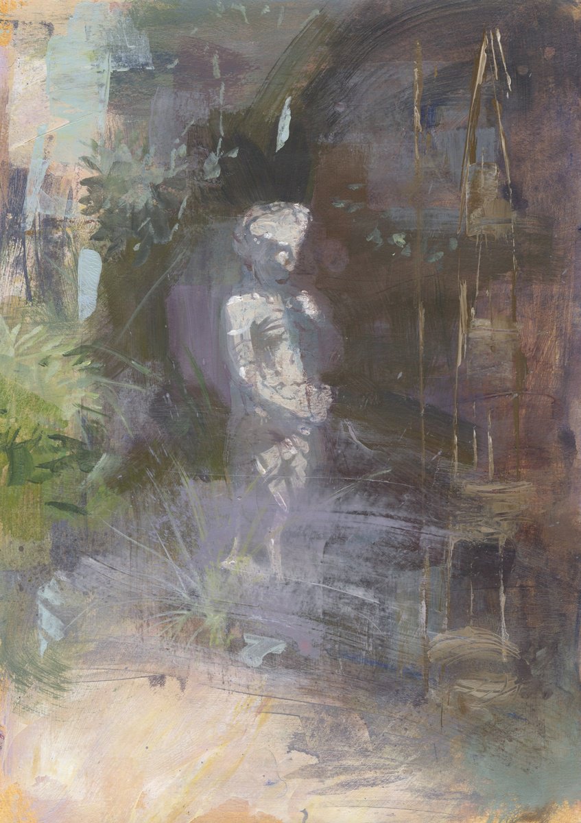 Impressionistic Botanical Acrylic Painting By Ray Belletty, 8 X 12", Garden Statue, Original Artwork