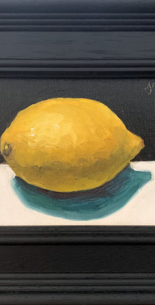 Lemon Still Life original oil realism painting, with wooden frame. by Jackie Smith