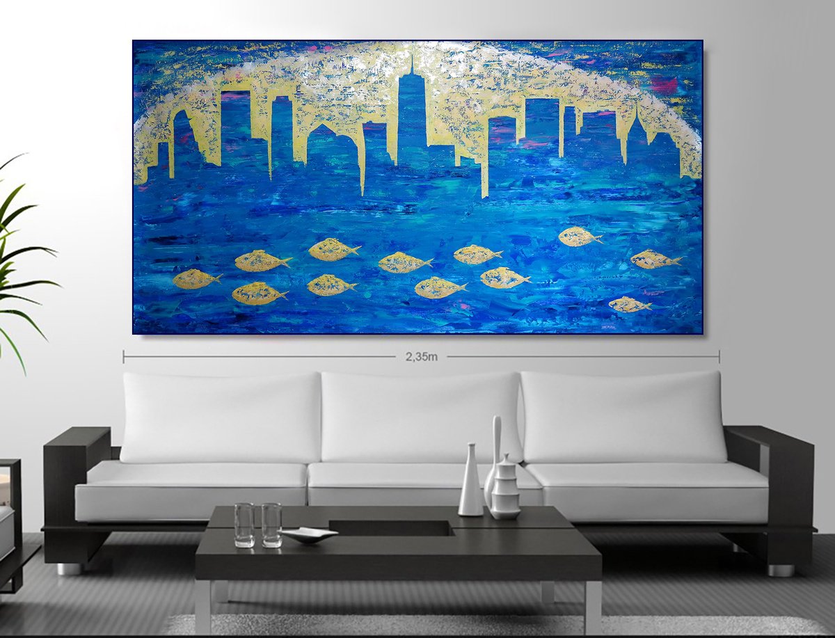 Impressionistic Cityscapes Acrylic Painting By Denys Kuvaiev, 76 X 39, Blue City - Extra Large, Original Artwork