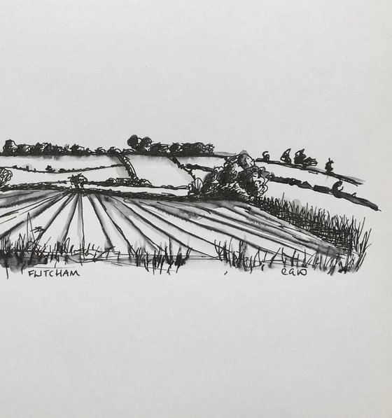 Autumn scene Norfolk Countryside Landscape Drawing in Pen and Ink - Traditional English Landscape