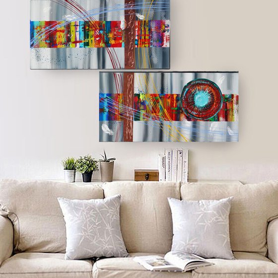 Rainbow A370 Large abstract paintings Palette knife 50x200x2 cm set of 2 original abstract acrylic paintings on stretched canvas
