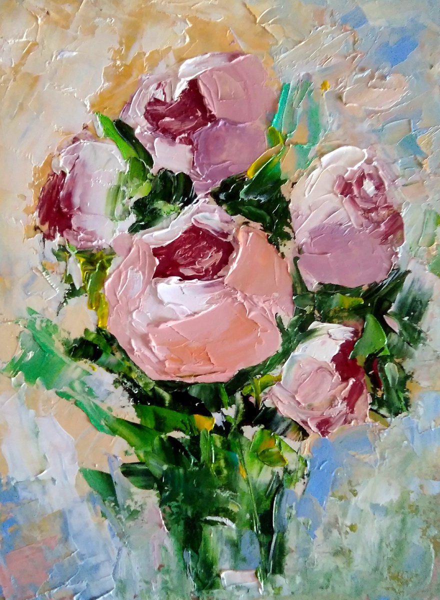 Bouquet of Peonies Painting Original Art Small Flower Artwork Pink Floral Wall Art by Yulia Berseneva