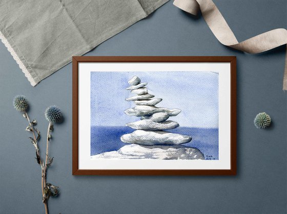 Pyramid of stones. Original watercolor artwork.