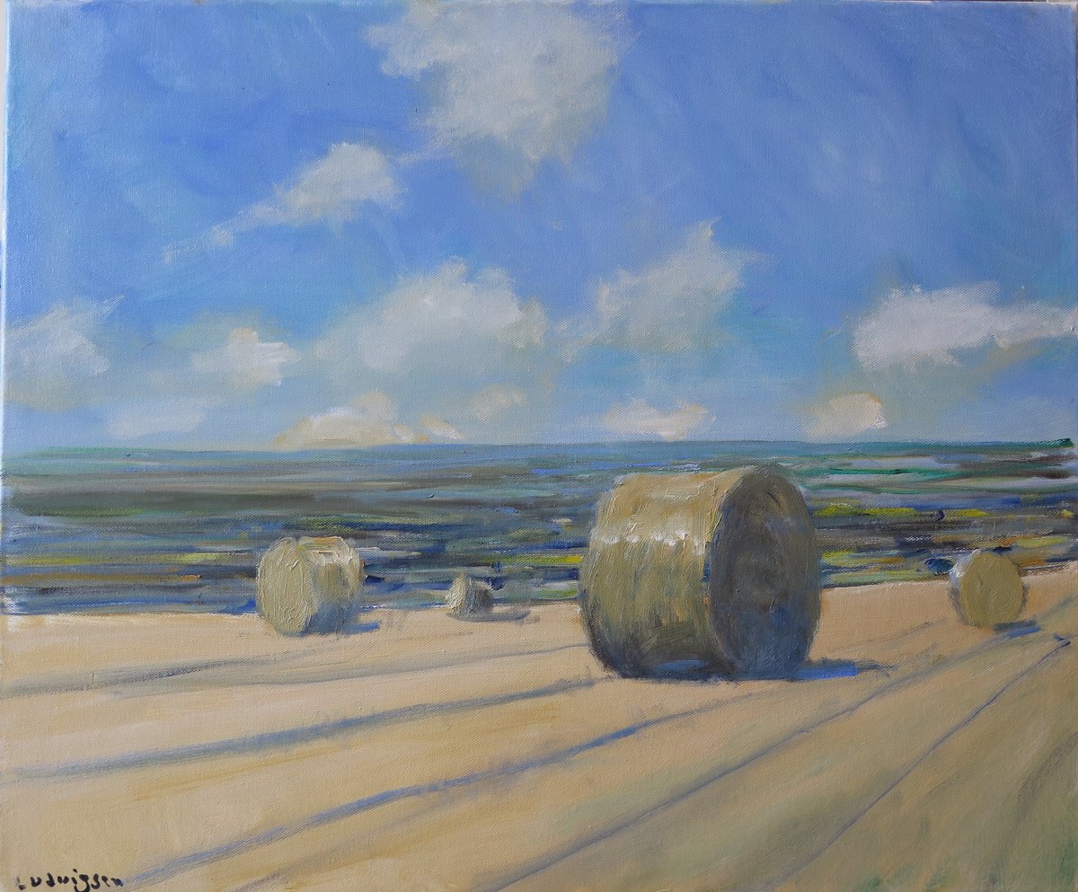 Impressionistic Landscape Oil Painting By Malcolm Ludvigsen, 24 X 20", Yorkshire Wolds Hay Bales, Original Artwork