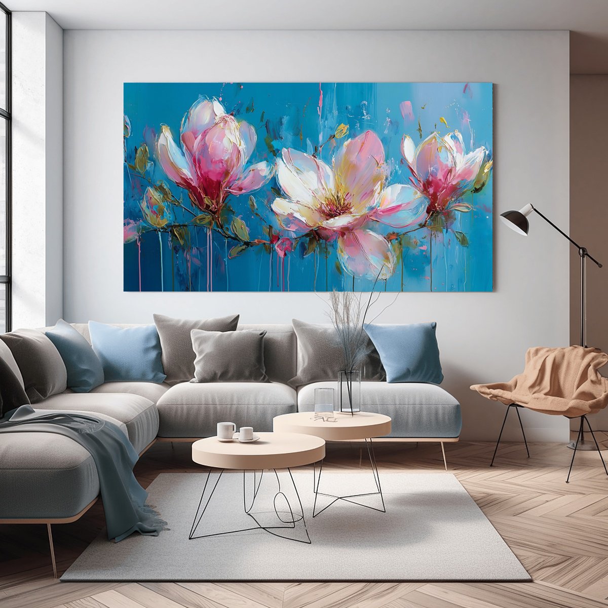 Impressionistic Botanical Giclee Print By Mily Art, 47 X 24", Magnolia On Turquoise Blue, Original Artwork