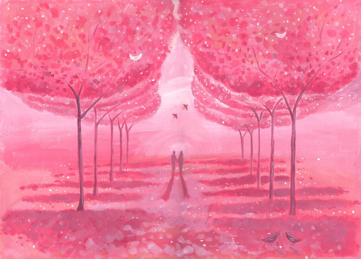 red trees avenue- landscape painting by Mary Stubberfield