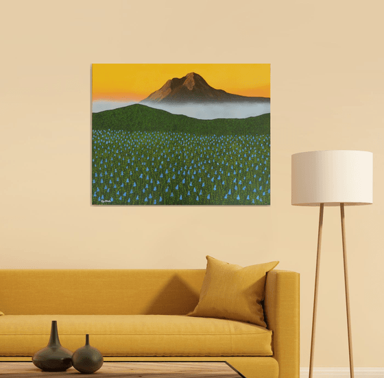 Mystic Morning -  mystic mountain mist and bluebonnet landscape; home, office decor; gift idea