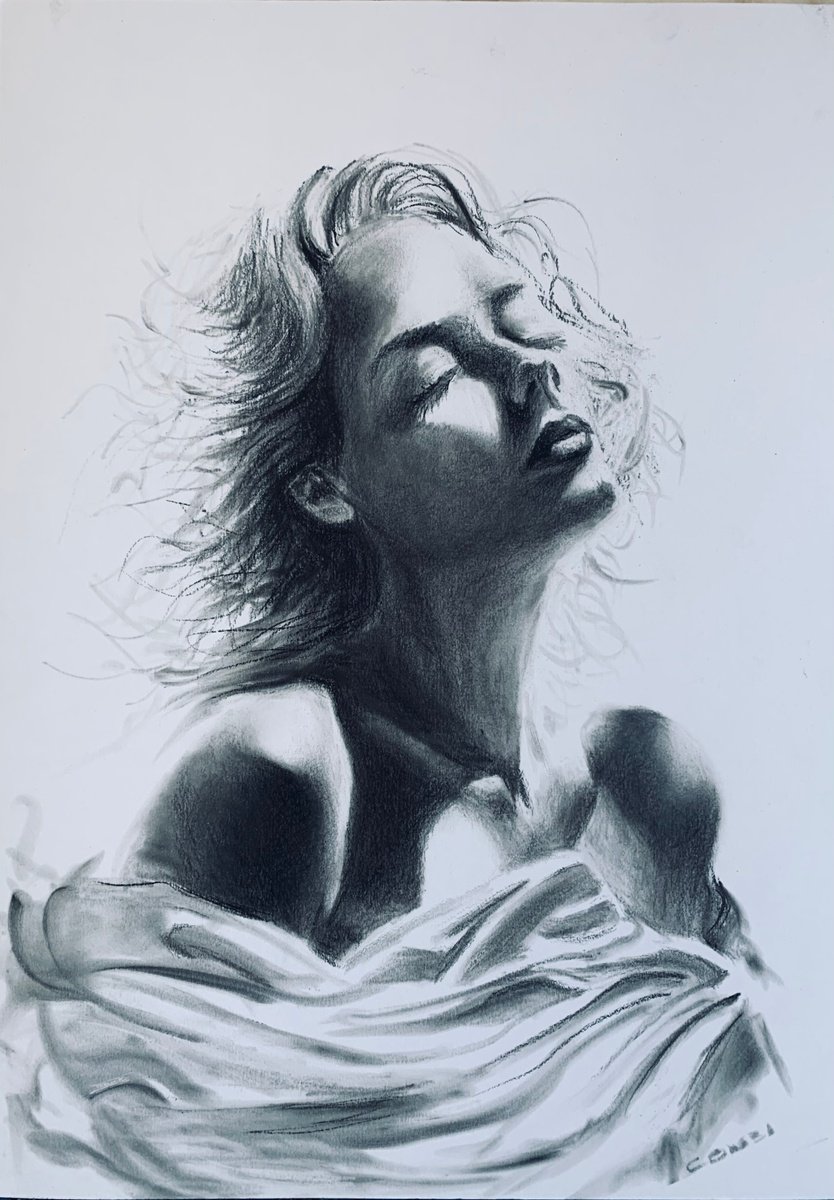 Portrait Charcoal Drawing By Gianfranco Combi, 12 X 17, Valentina, Original Artwork