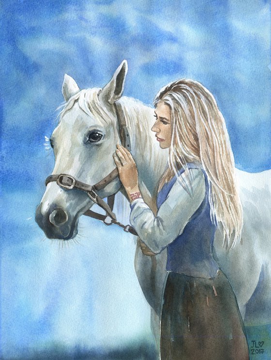 White horse portrait original watercolor painting small size
