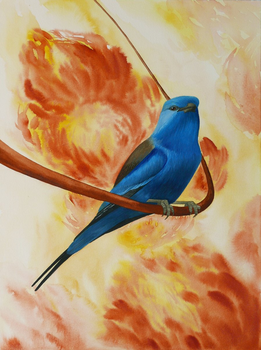 Blue bird on the branch with flowers by Karina Danylchuk