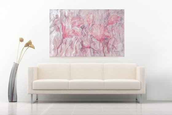Pink Magnolia large painting acrylic and pearl  100x160 cm unstretched canvas "Flowers" i005 art original artwork by Airinlea