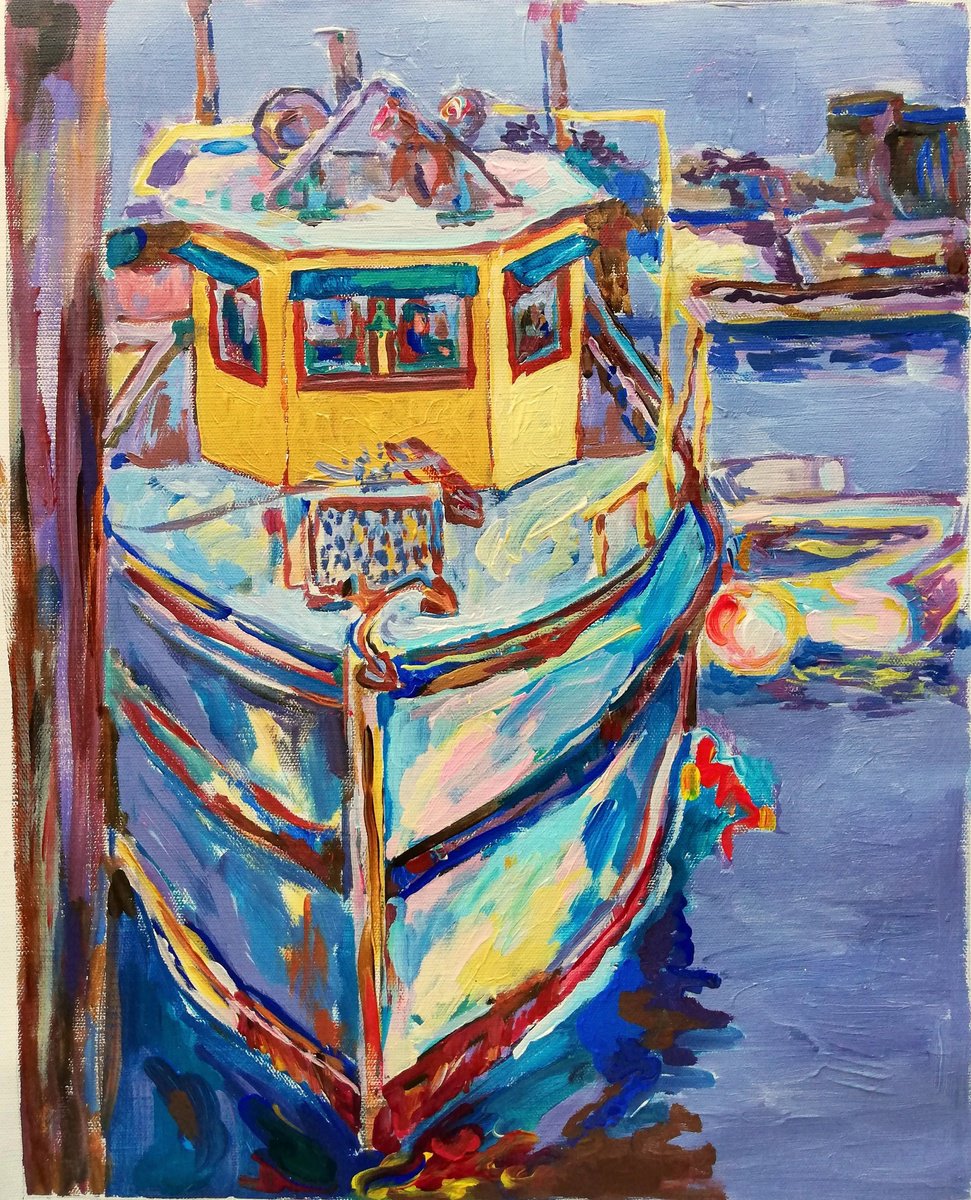 Impressionistic Landscape Acrylic Painting By Jelena Djokic, 14 X 17, Boat In Mediterranean Marina, Original Artwork