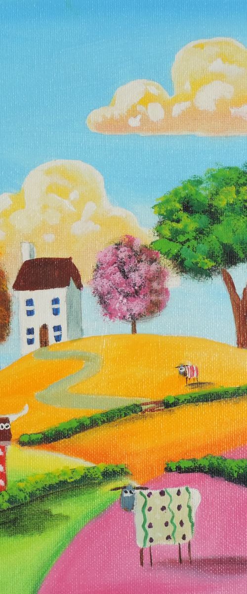 Cow and sheep in jumpers by Gordon Bruce