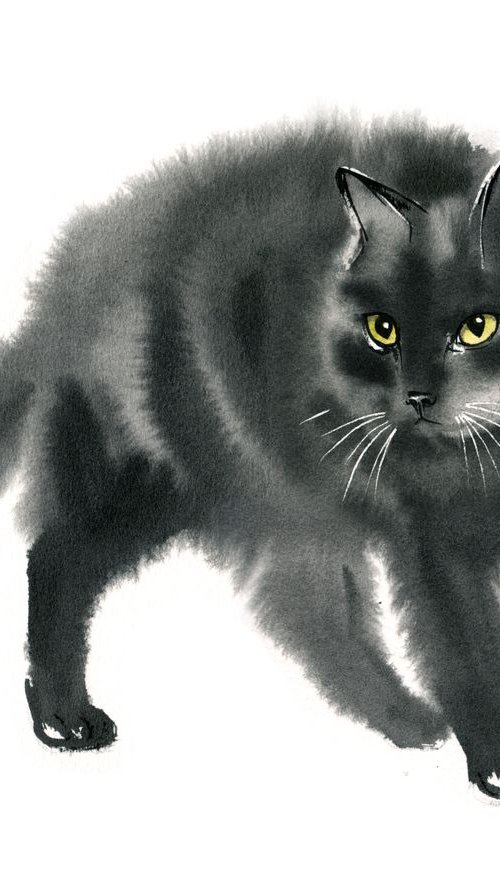 Smokey Grey Cat -  fluffy cat by Olga Beliaeva Watercolour