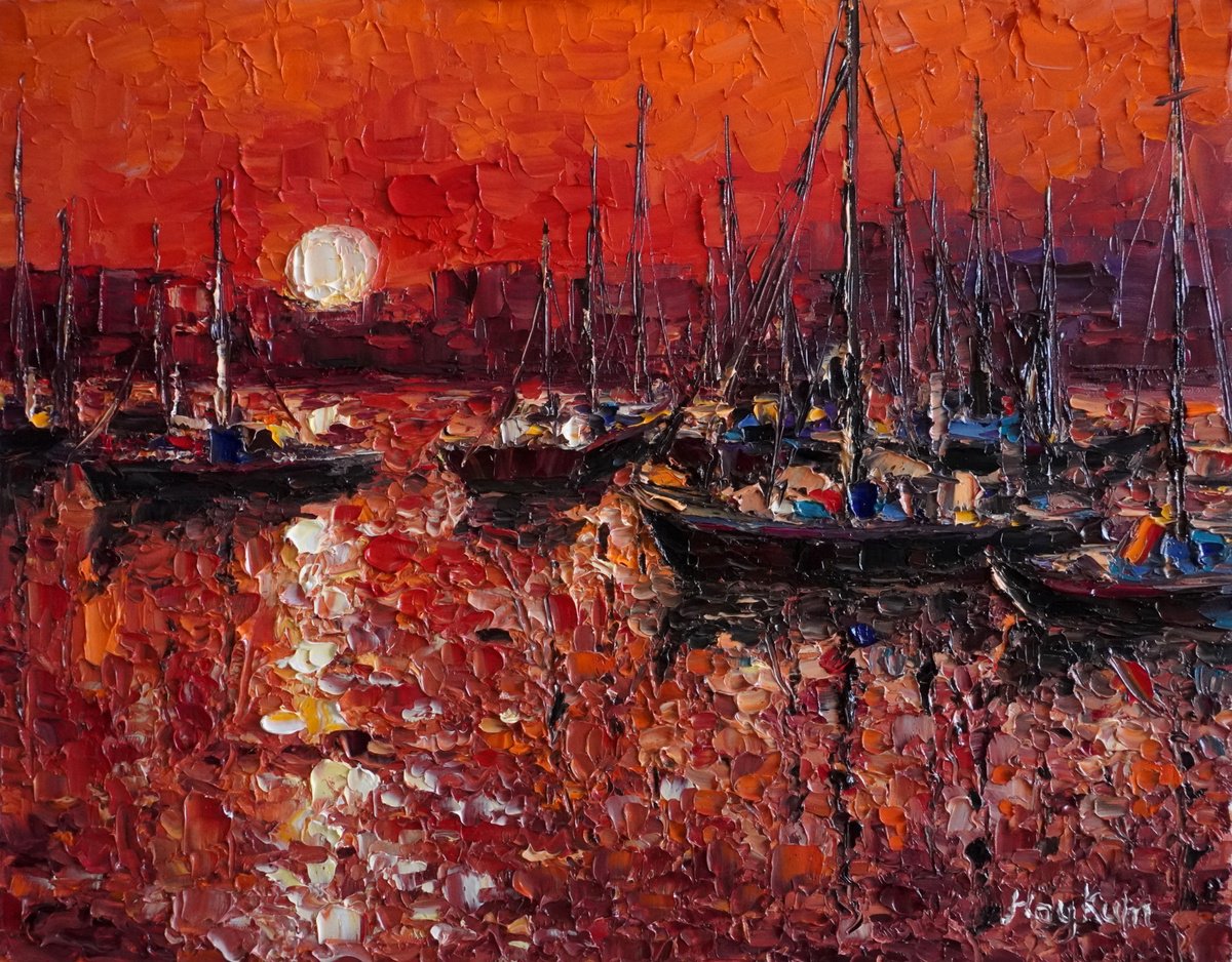 Impressionistic Landscape Oil Painting By Haykuhi Khachatryan, 20 X 16, Sunset With Boats, Original Artwork