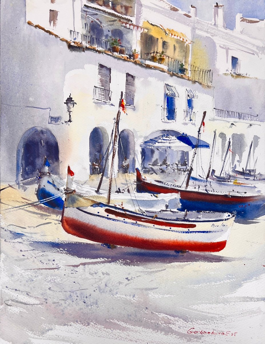 Impressionistic Cityscapes Watercolour By Eugenia Gorbacheva, 12 X 16, Sunlit Boats Of Calella, Original Artwork
