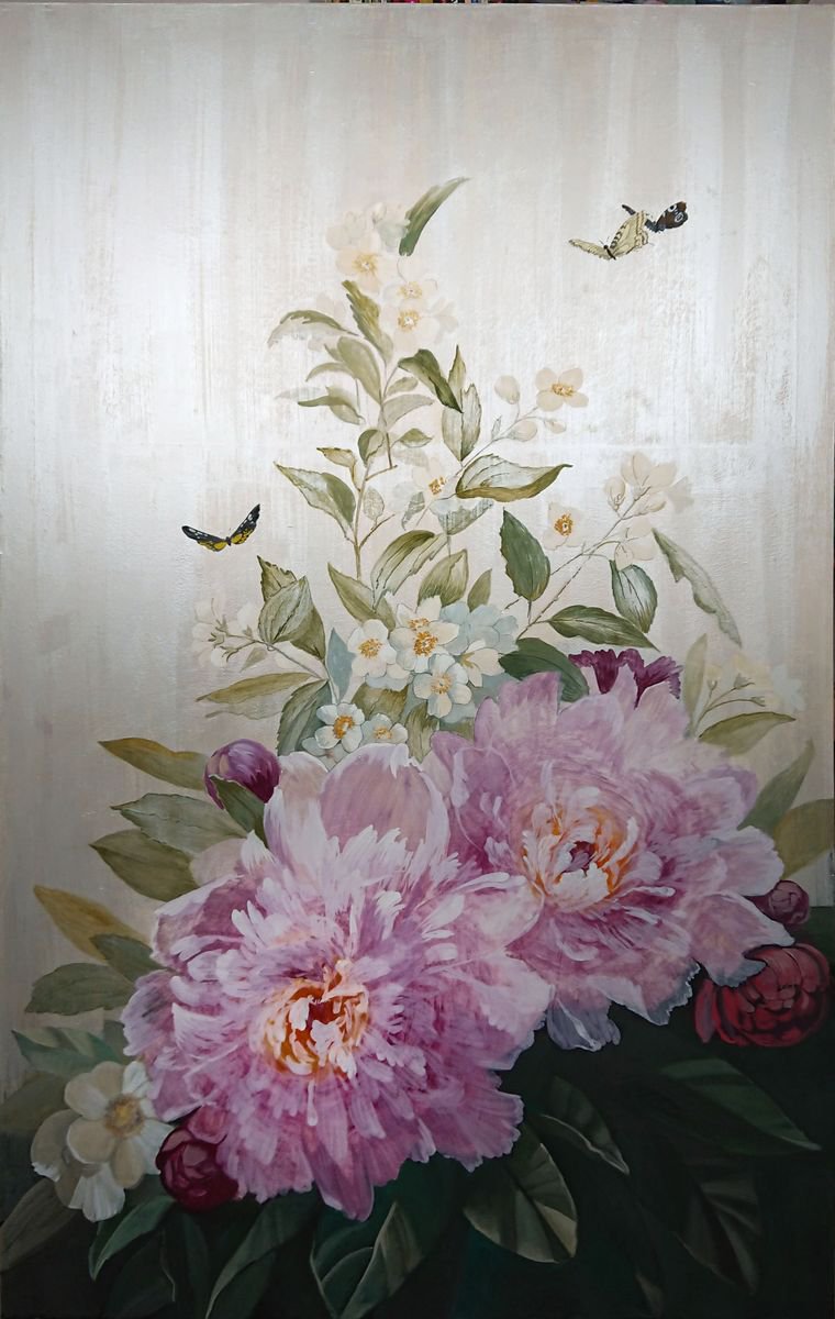 Pink Peonies Large Flower Painting by Caridad I. Barragan