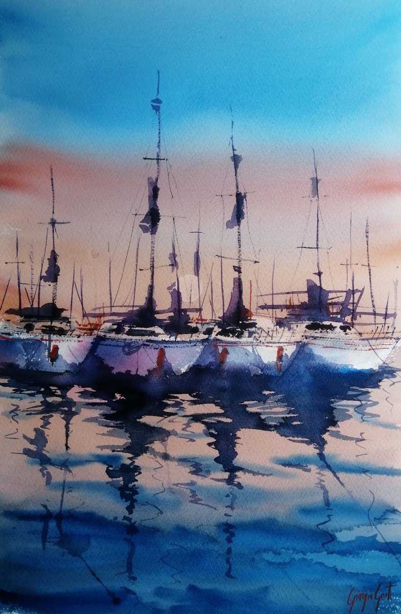 Expressive Landscape Watercolour By Giorgio Gosti, 14 X 21, Boats 78, Original Artwork