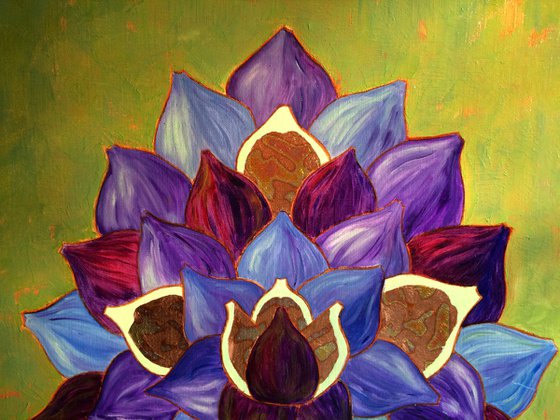Mandala of blue and purple figs on a green background - Framed mixed media painting