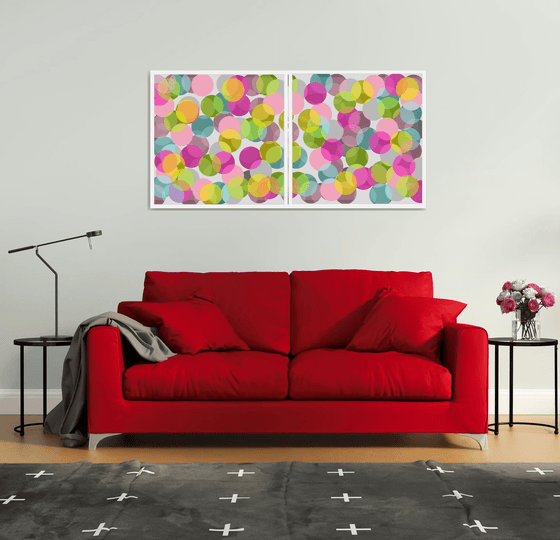 Abstract multicolored bright circles pink gray green turquoise- Diptych #1 & #2