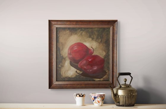 Red pears on green