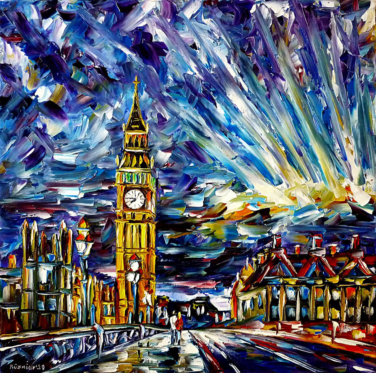 Expressive Cityscapes Oil Painting By Mirek Kuzniar, 20 X 20", Big Ben, Original Artwork