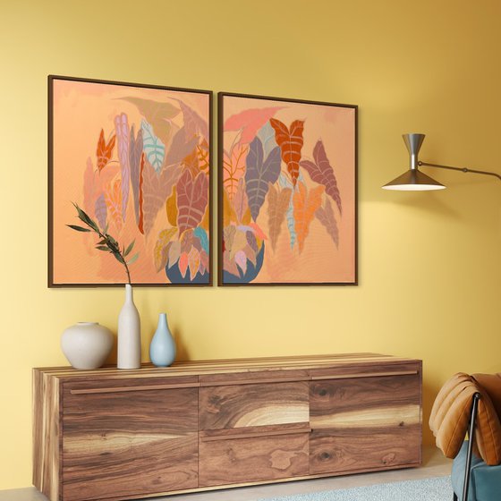 ‘Burnt Coral Alocasia and Begonia’ diptych