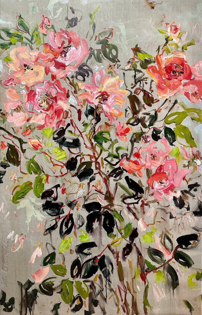 Impressionistic Botanical Oil Painting By Lilia Orlova-Holmes, 35 X 55", Midsummer Rose, Original Artwork