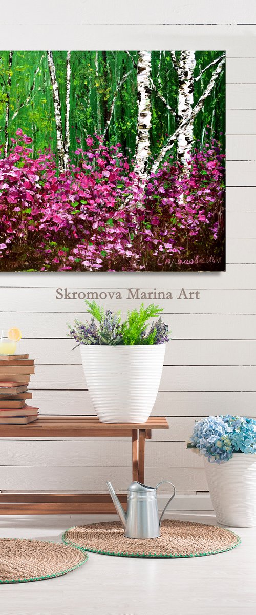 SUNNY MORNING IN THE FOREST - Summer pines. Small birches. Tea bushes. Pink labrador. Forest. Native places. Wildlife. Summer. by Marina Skromova