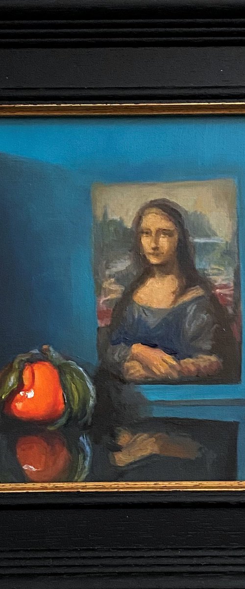 Mona Lisa & Orange Still Life original oil realism painting, with wooden frame. by Jackie Smith