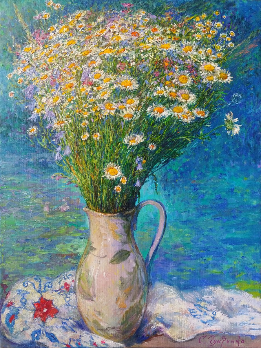 Impressionistic Botanical Oil Painting By Svitlana Koval, 18 X 24", Chamomile Bouquet, Original Artwork