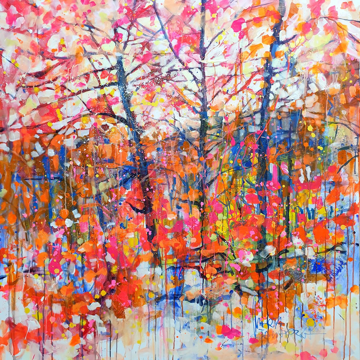 Impressionistic Landscape Acrylic Painting By Marta Zawadzka, 47 X 47", Winter Flowers, Original Artwork