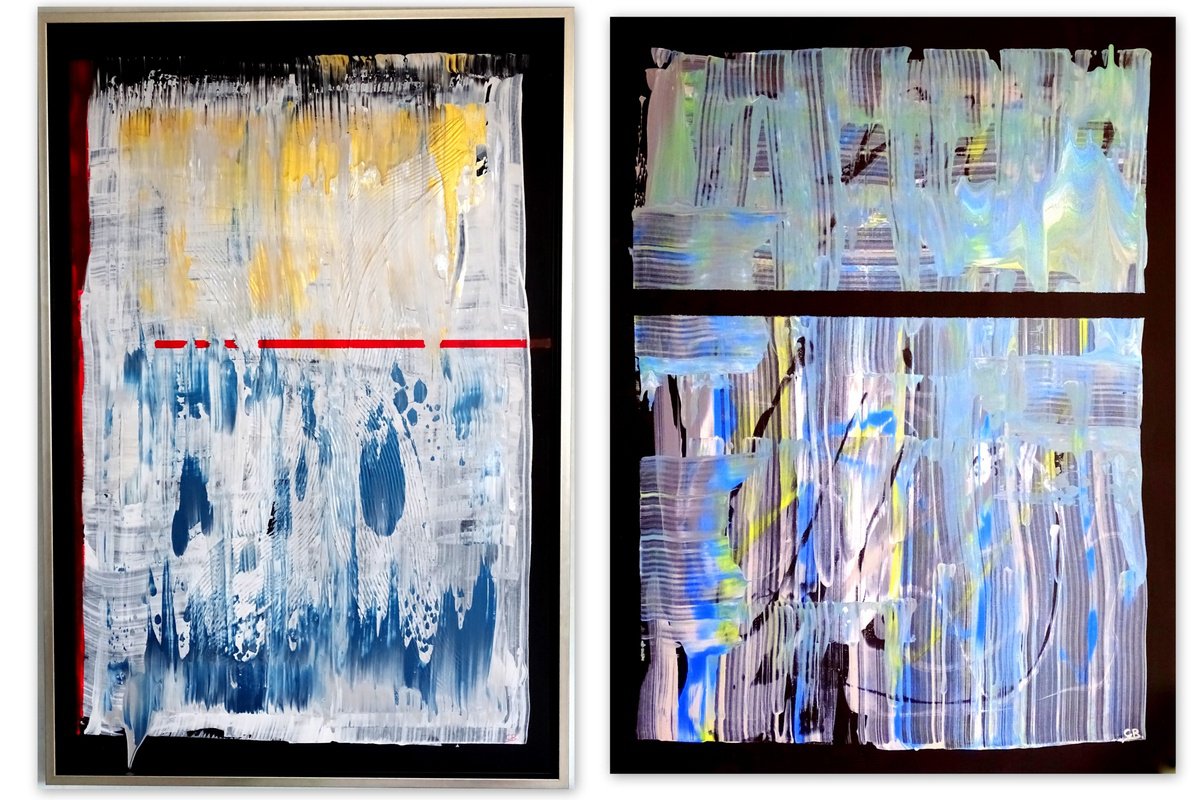 Abstract Acrylic Painting By Cb., 79 X 34, Blue Connection Diptych, Original Artwork