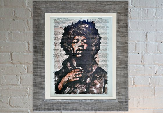 Jimi Hendrix Hand - Collage Art on Large Real English Dictionary Vintage Book Page