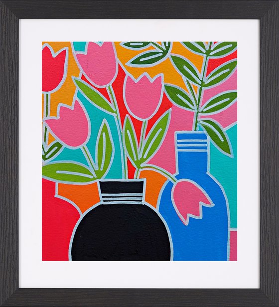 Pink Tulips in a Black Vase