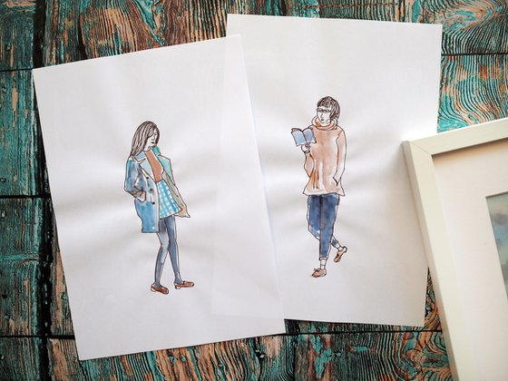 Set of 2 sketches with people - stylish girls