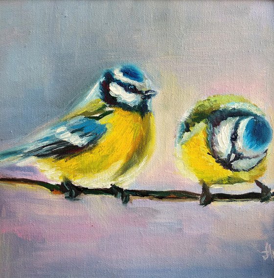 Chickadee couple Winter birds Framed and Ready to Hang Painting