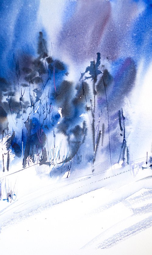 Winter forest. Blue. Abstract nature medium size original watercolor interior decor dark cold freeze by Sasha Romm