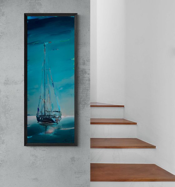 Big vertical painting - "Green ocean" - delicate color - sunset - sailing boat - seascape - ocean