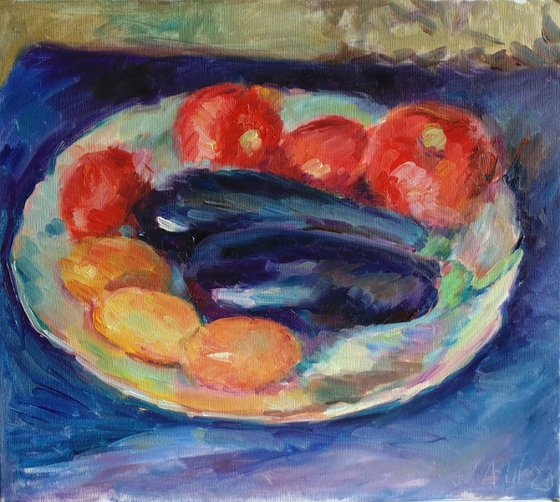 Still life with tomatoes and eggplants