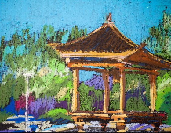 Pagoda. Japanese garden. Sunny urban natural impressionistic landscape. Medium size oil pastel impressionistic interior painting travel decor Spain Madrid