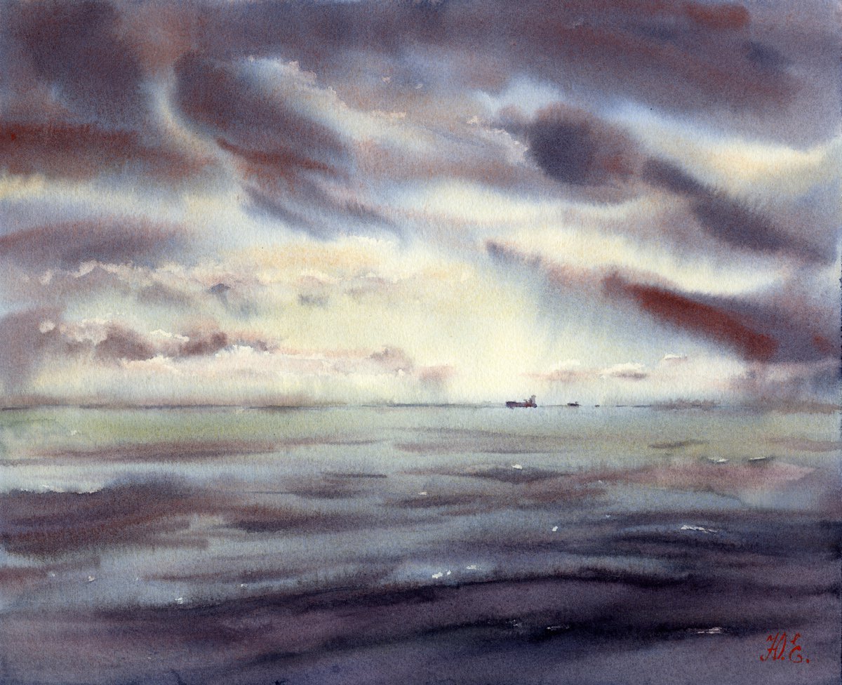 Watercolor seascape, Sky and ocean, Atmospheric painting by Yulia Evsyukova