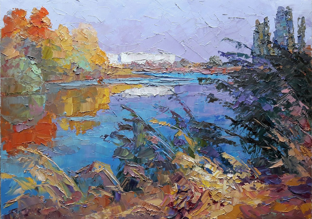 Oil painting Autumn on the river Serdyuk Boris Petrovich nSerb526 by Boris Serdyuk