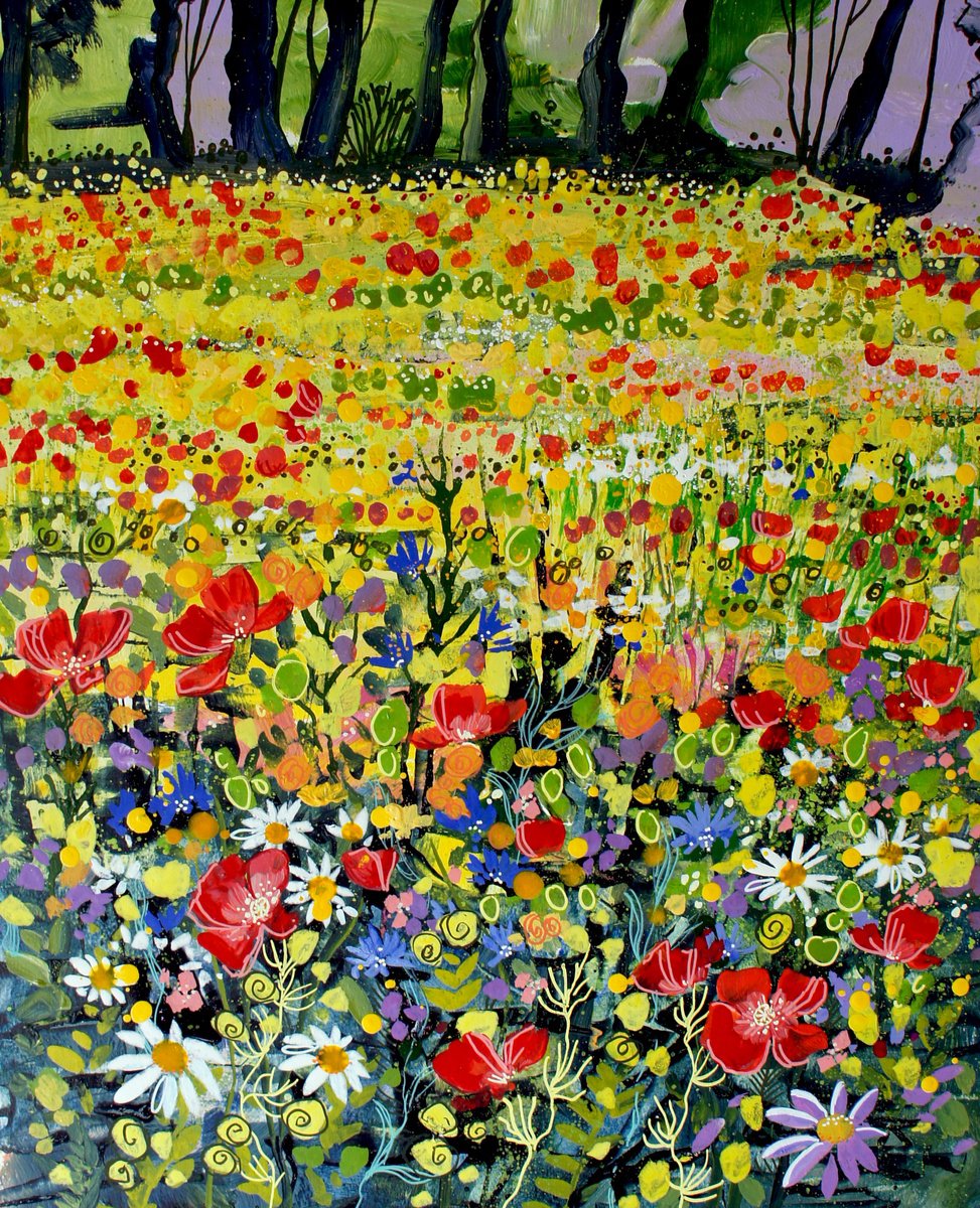 Impressionistic Landscape Acrylic Painting By Julia Rigby, 24 X 28", Wildflower Meadow, Original Artwork